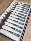 Korean Silver Enamel Spoons Forks Set In Box  Six Of Each Vintage
