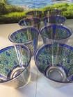 8 22k Gold Georges Briard Sari Retro Green blue paisley High Ball Glasses 