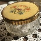 Vintage Vanity Loose Powder Jar Glass With Brocade Floral Lid