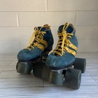 Vtg 70   s Banzai Roller Skates Blue   Yellow Suede  Size 4