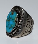 Large Early Navajo Silver Stampwork   Turquoise Mens Ring 42 Grams