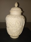 Vintage Chinese Asian White Resin Vase urn With Lid Carving Bird Lotis Signed