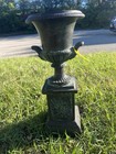 Antique Classical Cast Iron Garden Urn With Handles On Base C1900