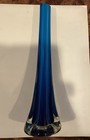 Vintage 10  Cobalt Light Blue Ombre Finger Swung Art Glass Vase Hand Blown Mcm