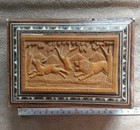 Antique Anglo Indian Sandalwood Sadeli Inlay Jewelry Box Lion   Deer Carved 1900