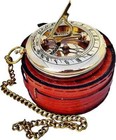 Vintage Pocket Sundial Nautical Polish Brass Compass With Antique Leather Case