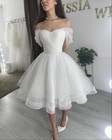Short Wedding Dresses Off The Shoulder Tea Length Ivory Glitter Bridal Gowns