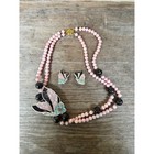 Lee Sands Inlaid Pink Shell Butterfly Gemstone Necklace Clip On Earrings 1970s