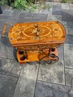 Vintage Italian Inlaid Tea liquor Bar Cart  Lacquered Wood Marquetry Drop Leaf T