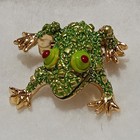 Gold Tone Green Frog Brooch Pin Red Eyes Reptile