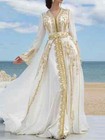 Chiffon Luxury Evening Dresses Long Golden Lace Appliques Prom Party Dress    