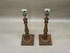 Pair Of Antique Victorian Oak And Brass Square Base Candlesticks 37cm C1880