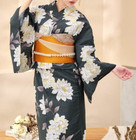 Japanese Summer Kimono Yukata Robe Vertical Stripes Peony Flower Obi Set Women s