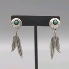 Navajo 925 Sterling Silver Turquoise Feather Dangle Earrings Shadowbox Concho