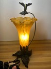 Art Nouveau Hummingbird Table Lamp Flower Glass Shade Antique Finish Brown Amber