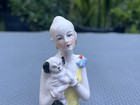 Antique German Art Deco 4  Porcelain Half Doll Pin Cushion - Stylish Lady W  Dog