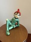 Vtg 6 Pc Christmas Pixie Elf In Green 3 1 2  Japan 1950s Ceramic Red Hats- Nice 