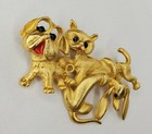 Vintage Dog Cat Brooch Gold Tone Enamel Accents Large Figural Pin Fun Playing 