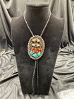 Vintage Bennett Large Navajo Sterling Silver With Turquoise   Coral Bolo Tie