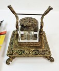 Antique-style Crystal Block Inkwell W  Ornate Brass Base And Matching Lid   Pens