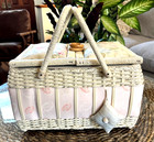 Vintage Wicker Woven Large Sewing  tapestry Basket Retro 1970 s Floral Design