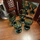 Set Of 4 Vintage Libbey Teardrop Juniper Green Wine Goblets Glass Gold Rims