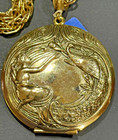 Whiting Davis Vintage Gold Tone Lady   Peacock Lg Round Locket Pendant Necklace