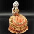 Antique Porcelain Half Doll Pin Cushion With Peach Satin Gown And Ruffled Trim