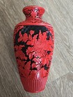 Vintage Chinese Carved Lacquer Vase Cinnabar Red Flowers Blue Interior 9 