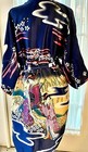 Japanese Blue Kimono Robe  Geisha Cherry Blossom Print  Belt  Pockets  Silky  Os
