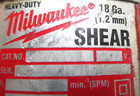 Milwaukee Shear 6852-20  18 Gauge