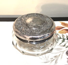Antique Cut Glass Vanity Powder Jar Ornate Embossed Silver Lid