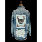 Upcycled reworked Denim Jacket  Vintage Heron  Cat    Bow Patchwork  Boho  Large