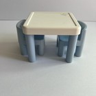 Vintage Little Tikes Dollhouse White   Blue Table   2 Blue Chairs Furniture