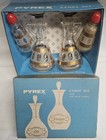 Vintage Mcm Gold Pyrex Oil   Vinegar Cruet Set   Salt   Pepper Shakers Orig Box