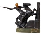 Vintage Art Deco Amazon Huntress Horseback Bookends Green Onyx Marble Base Pair
