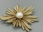 Vintage Gold Tone Faux Pearl Mcm Atomic Style Starburst Brooch