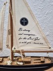 Vintage Wooden Model Sailboat Yacht Linen Rope Details