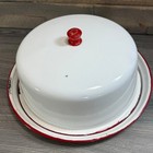 Vtg 1940s Red White Enamelware Covered Cake Plate Farmhouse Country Rustic