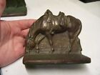 Vintage Pair Cast Iron Bronze Brass Finish Bookends Saddled Grazing Horses