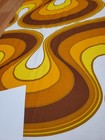 Awesome Rare Vintage Mid Century Retro 70s Yel Org Brn Big Ribbon Wave Fabric 