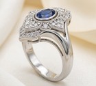 Vintage Sapphire Ring Oval Cut Blue Stone Art Deco Pave Statement Bridal Jewelry