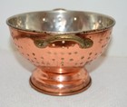 Vtg Mini Copper Over Stainless Colander W  Brass Handles 6 1 4  Dia  X 4  Footed