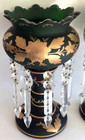 Antique Bohemian Emerald Green Glass Mantle Lusters Candles Prisms Gold Flowers