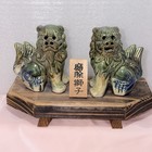 Vintage Okinawa Japan Ceramic Shisa Guardian Lion Dog Pair On Wood Mayoke 6235s