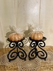 Black Metal Candle Holder Pair  Pumpkin Candles  Fall Autumn Halloween