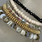 Glass Bead Bracelet Lot Of 5 Tassels Iridescent Blue Cream Gold Tone Stretch