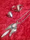 Vintage Navajo Sterling Silver Pink Mother Pearl Cuff Bracelet Ring Pendant Set