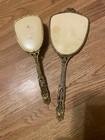 Vintage Vanity Hand Held Gold Tone Metal 13 5 Inch Mirror 10 Inch Brush Set