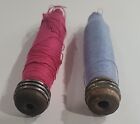 2 Vintage Antique Wooden Spools Textile Mill With Thread Bobbin Spindle 